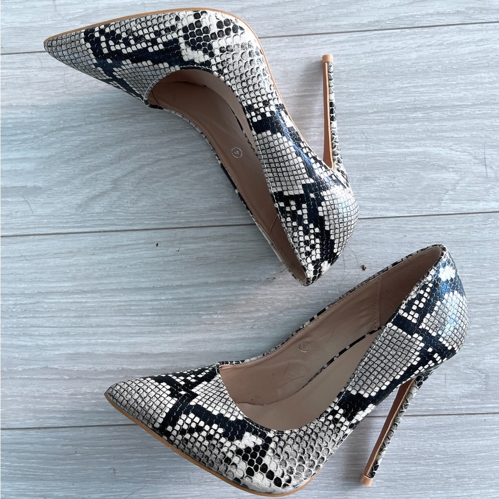 PRETTYLITTLETHING Snake print stiletto heels